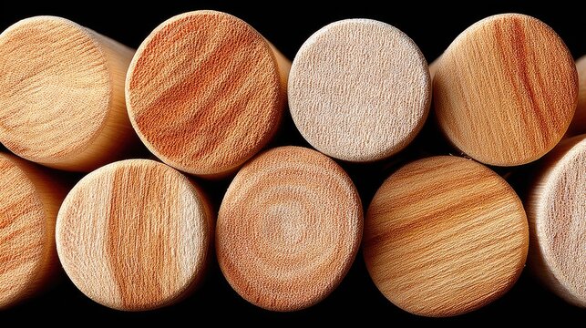 A close-up view of stacked cylindrical wooden dowels, showcasing their natural wood grain and texture against a dark background.