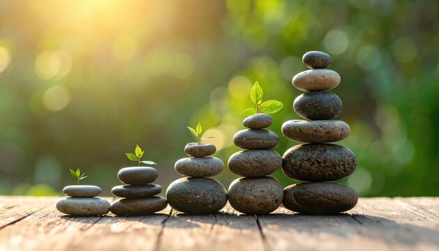 A sequence of stacked stones with growing plants, symbolizing growth and balance in nature