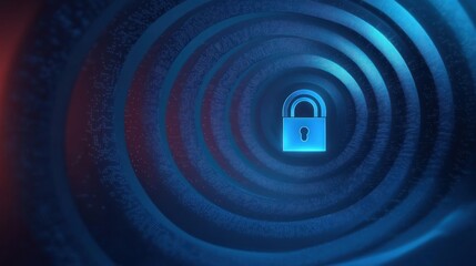Glowing blue padlock icon centered within concentric circular digital patterns representing data security and protection in a futuristic environment