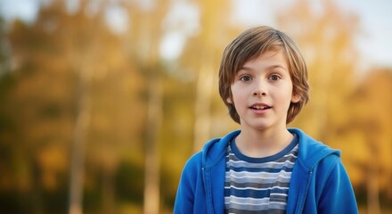 A young boy in a blue hoodie and striped shirt, standing outdoors with trees in the background.