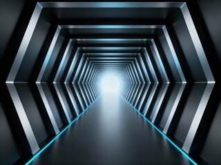 Futuristic Hexagonal Tunnel with Blue Neon Lights Leading to Bright Exit