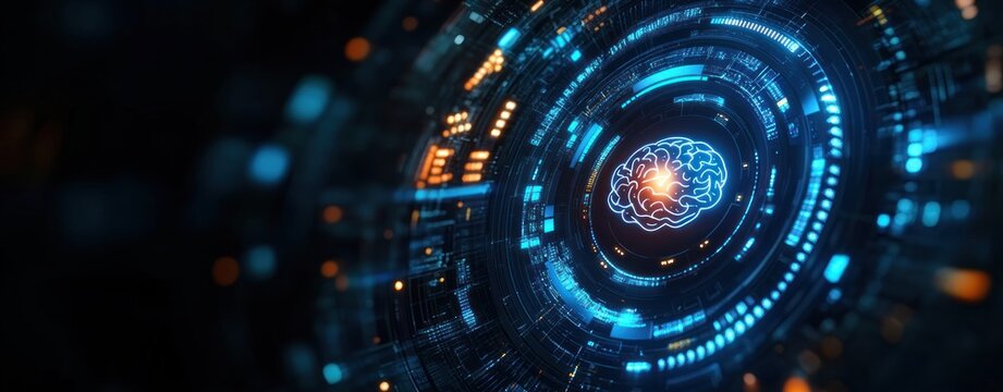 Glowing digital brain icon surrounded by futuristic circular interface with blue and orange light patterns symbolizing artificial intelligence and advanced technology - Powered by Adobe