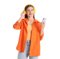 Beautiful young woman with modern mobile phone and headphones on white background