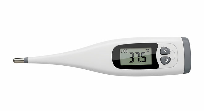 White digital medical thermometer displaying a temperature of 375 degrees celsius, isolated on white background