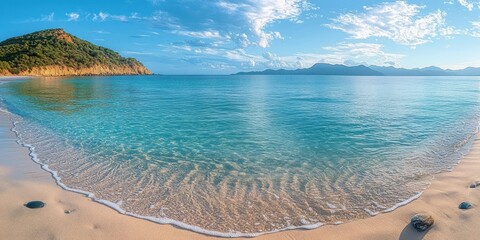 Calm turquoise ocean water gently lapping onto a sandy beach with scattered rocks under a partly cloudy blue sky and distant mountainous islands on the horizon