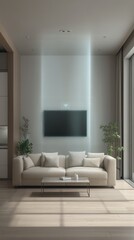 Fototapeta premium Modern beige living room interior with sofa.
