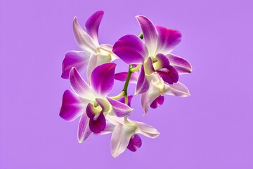 Vibrant purple and white orchid flowers blooming beautifully against a solid violet background