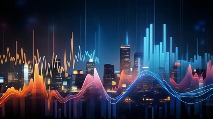 Modern city skyline with vibrant bokeh lights and data visualization elements at night - Powered by Adobe