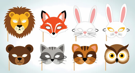 Collection of eight cute animal face masks on sticks for childrens party or costume play