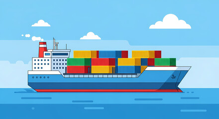 A large cargo container ship sailing on the blue ocean under a clear sky with clouds