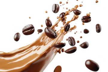 A dynamic splash of rich chocolate with flying coffee beans captured in mid-air. creating a scene that showcases the blend of flavors. perfect for culinary or beverage-related projects