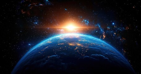 Obraz premium View of Earth from space with the sun rising above the horizon and bright city lights visible on the dark side, surrounded by stars and cosmic clouds