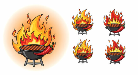 Barbecue grill with sausages and a red chili pepper engulfed in flames, isolated on white background