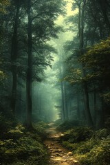 Fototapeta premium Serene forest pathway surrounded by tall trees and dense foliage with soft sunlight filtering through misty atmosphere evoking calm and mystery