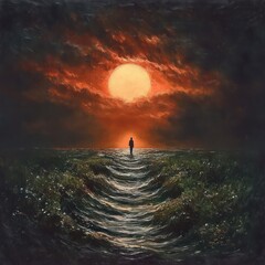 silhouette of a lone person standing at the edge of turbulent water under a large glowing sun surrounded by dramatic dark red and orange clouds