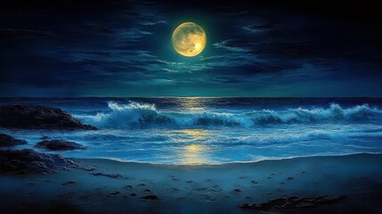 Bright full moon shining over ocean waves crashing onto a rocky beach at night under partly cloudy sky