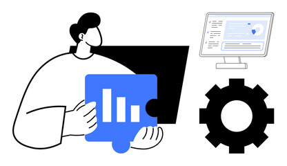 Person holding puzzle piece with bar chart, monitor displaying analytics, and gear symbolizing process improvement. Ideal for teamwork, data analysis, planning, optimization, strategy