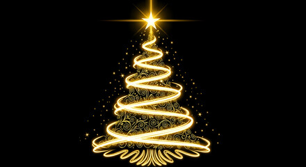 Celebrate the season with a touch of luxury. A golden ribbon forms an elegant Christmas tree adorned with twinkling stars, for holiday greetings and festive designs on isolated black background.