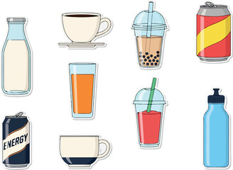 Diverse Beverage Collection Milk, Coffee, Juice, Bubble Tea, Soda, Energy Drink, and Water