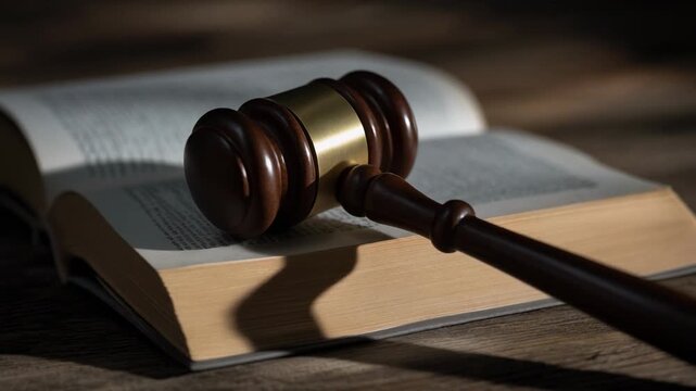 Gavel resting on legal book symbolizing justice, law, and legal authority in a professional setting