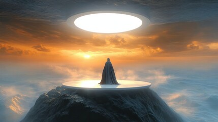 A cloaked figure standing on a circular platform atop a rocky mountain surrounded by mist with a bright circular light above and a glowing sunset in the background