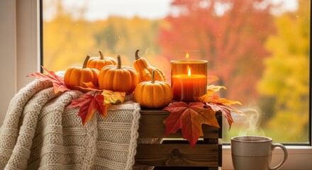 A cozy autumnal scene with pumpkins, a candle, and a warm sweater on a windowsill.