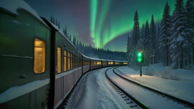 Winter Train Journey Under the Aurora Borealis