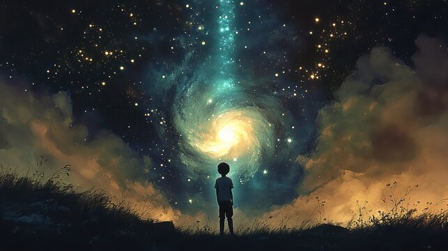 A silhouette of a child standing on a grassy hill looking up at a vibrant glowing galaxy with swirling stars and cosmic clouds in the night sky, evoking wonder and awe