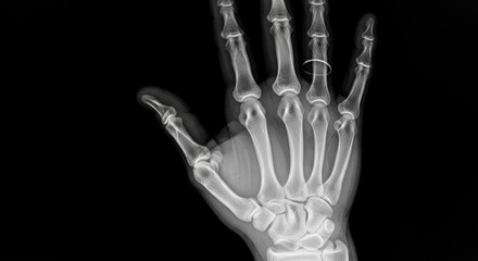 X-ray of a hand with a ring on the ring finger.