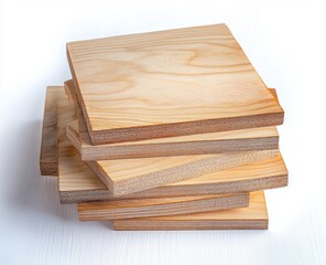 Stack of six smooth plywood wood panels with natural grain pattern on a white surface