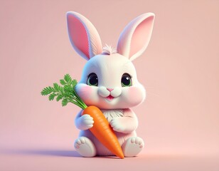 Fototapeta premium Cute cartoon Easter bunny rabbit with carrot, isolated pink baby toy animal holiday decoration