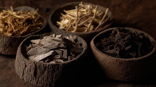 Aromatic herbal ingredients in rustic wooden bowls for natural remedies and culinary uses