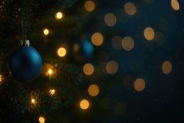 Beautiful blue ornament hangs on Christmas tree surrounded by warm glowing lights creating merry atmosphere perfect for celebrating happy new year in 2026