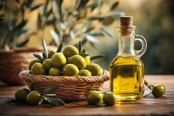 Close-up of fresh green olives in woven basket next to clear glass bottle filled with golden olive oil on rustic wooden table with blurred background