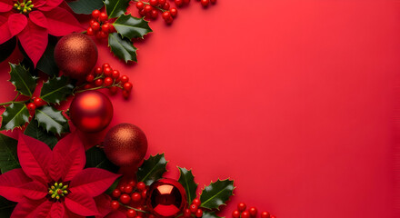 Elegant Christmas poinsettia floral border with red berries and ornaments for holiday cheer, ideal for festive greeting cards, invitations, and seasonal marketing designs.