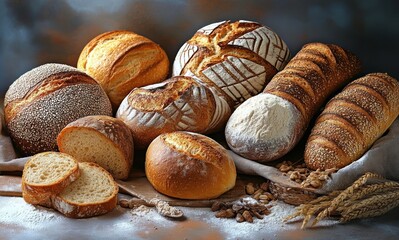 Assortment of freshly baked artisan breads with various crust textures and patterns displayed on a rustic cloth with scattered grains and wheat, evoking warmth and homeliness
