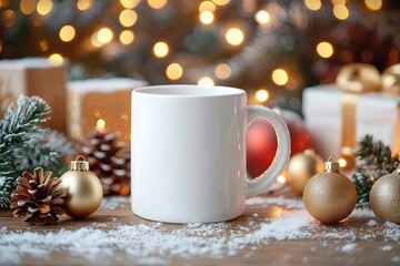 White coffee mug surrounded by golden Christmas ornaments, pine cones, artificial snow, and blurred festive lights on a wooden table creating a warm holiday atmosphere
