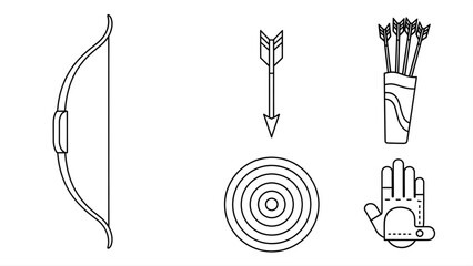 Archery Icons Set of Bow, Arrow, Target, Quiver, and Hand Glove - Line Art Illustrations