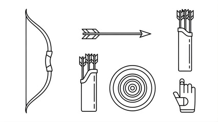 Minimalist line icon collection of archery equipment, showcasing the tools for the ancient sport of skill, aim, and precision