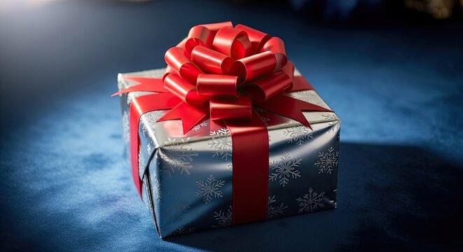 A beautifully wrapped gift box with a red ribbon and silver snowflake pattern on a blue surface. - Powered by Adobe