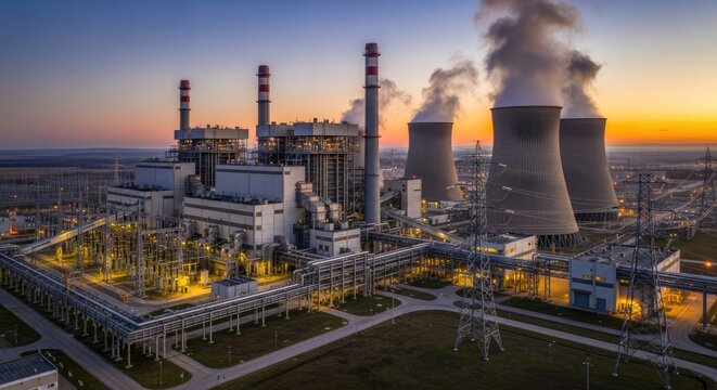 A large industrial power plant with multiple towers and smokestacks emitting smoke at sunset.