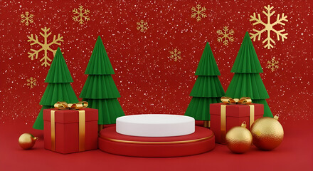 Festive Christmas product display with gift boxes, ornaments and trees on red snowy background for seasonal promotions, showcasing holiday offers and seasonal joy.