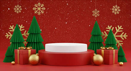 Festive Christmas product display with gift boxes, ornaments and trees on red snowy background for seasonal promotions, showcasing holiday offers and seasonal joy.