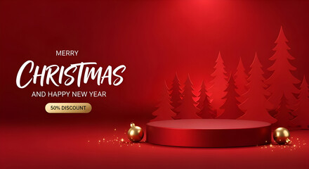 A vibrant red Christmas scene beckons with seasonal cheer and a 50% discount! Perfect for holiday marketing, product showcases, and festive announcements.