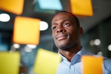 Engaged African American man brainstorming innovative project concepts using a transparent sticky note board