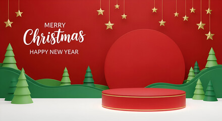 Celebrate a magical Christmas season with festive trees and golden stars, perfect for holiday greetings and seasonal promotions, add your product on the red podium.