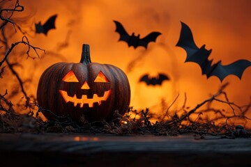 Glowing carved pumpkin jack-o-lantern with a smiling face surrounded by twisted branches and flying bats against an eerie orange background creating a spooky atmosphere