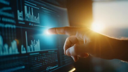 Hand interacting with a digital screen displaying data analytics in a modern business environment - Powered by Adobe
