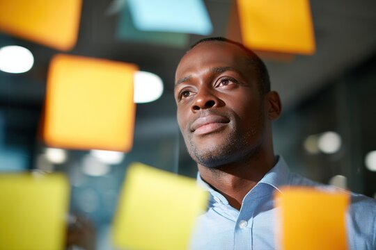 Engaged African American man brainstorming innovative project concepts using a transparent sticky note board