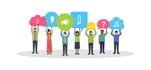 Group Holding Diverse Speech Bubbles ,People Holding Colorful Speech Bubbles with Icons, Communication and Expression Concept